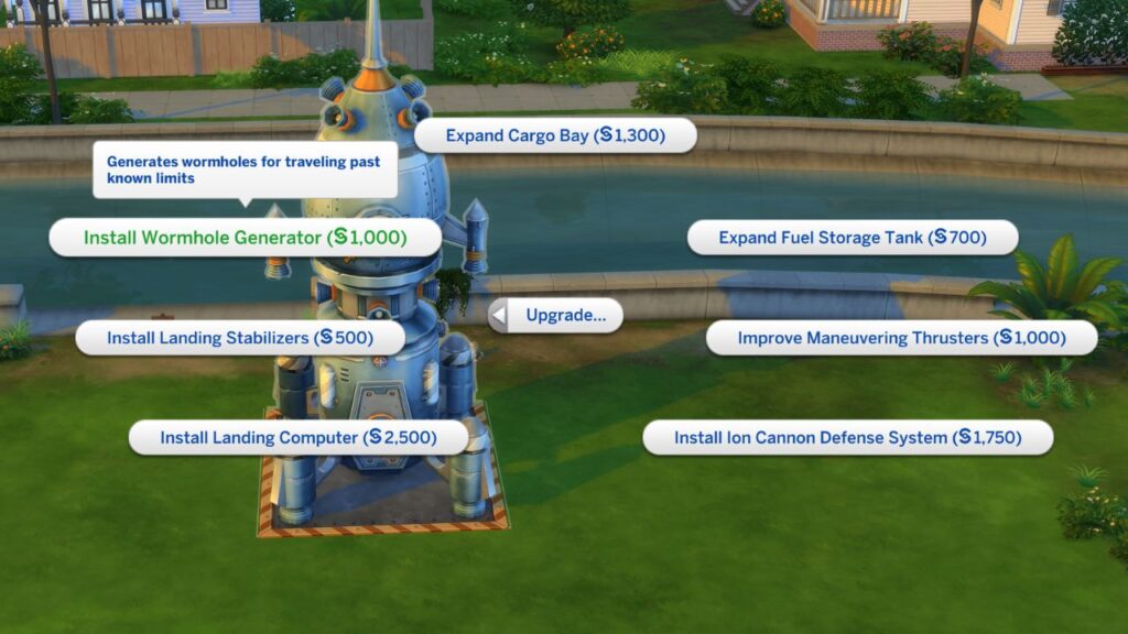 A screenshot from The Sims 4 showing the option to install the wormhole generator on a rocket ship