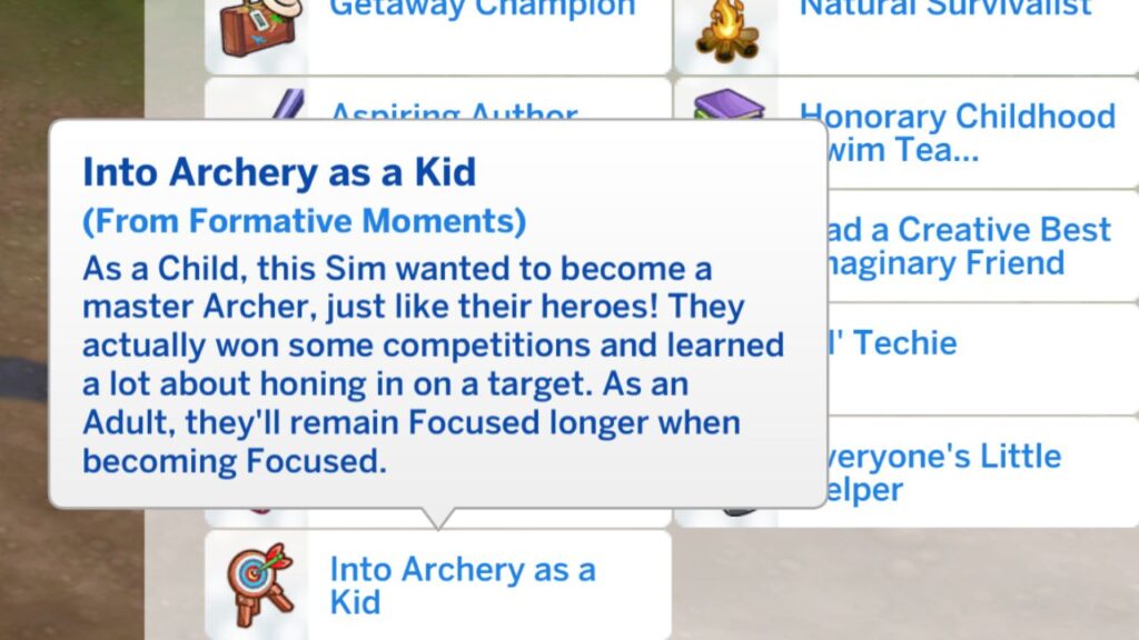 A screenshot from The Sims 4 showing the Into Archery as a Kid trait and it's description