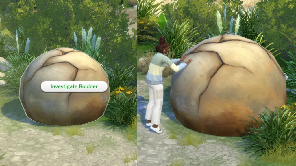 A screenshot from The Sims 4 showing the option to investigate strange boulder and sim touching it