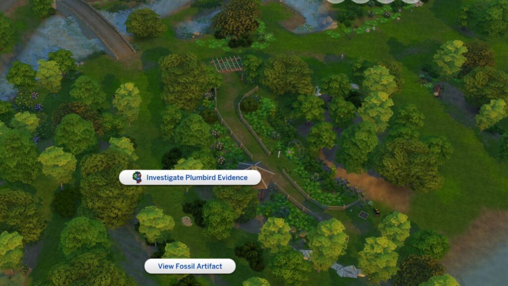 A screenshot from The Sims 4 showing the location of plumbird evidence in Crystal Valley