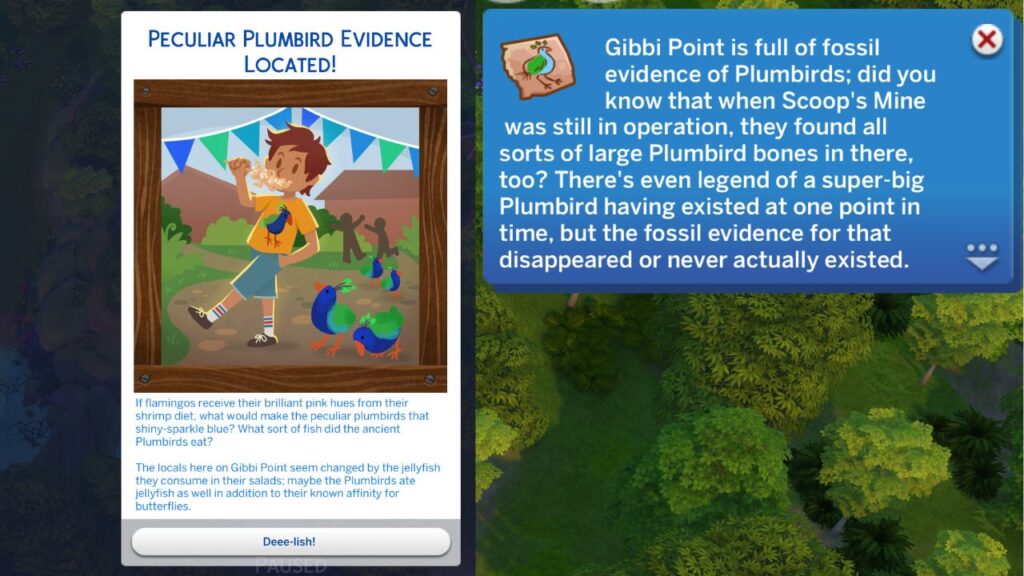 A screenshot from The Sims 4 showing the action card and notification you get when you investigate plumbird evidence in crystal valley