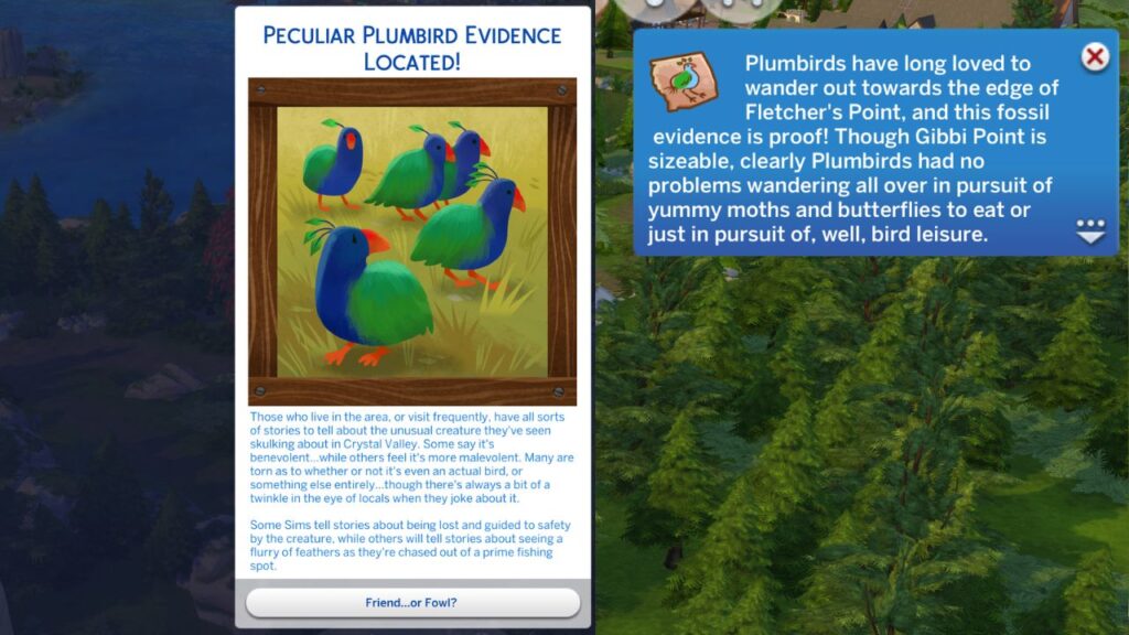 A screenshot from The Sims 4 showing the action card and notification you get after you investigate Plumbird Evidence in Jellyfish Junction 