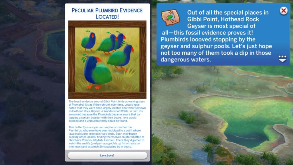 A screenshot from The Sims 4 showing the action card and notification you get after investigating Plumbird evidence in Wanderwood Wilds 