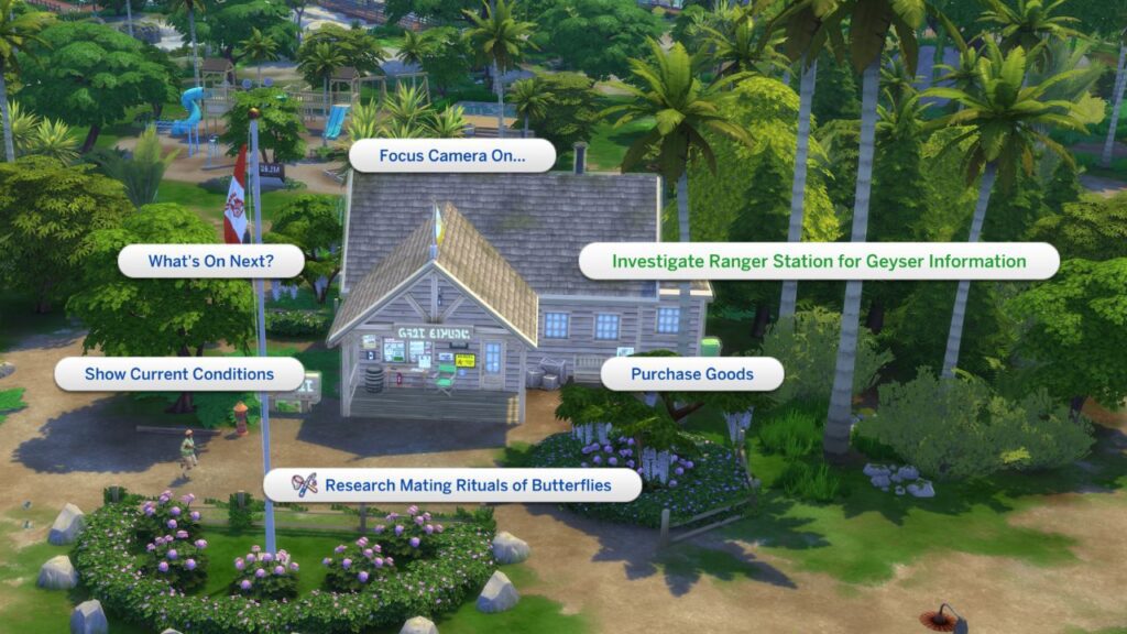 A screenshot from The Sims 4 showing how to investigate the ranger station for information on geysers for the melody quest