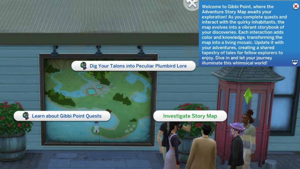 A screenshot from The Sims 4 showing the option to investigate story map and the information you get from it