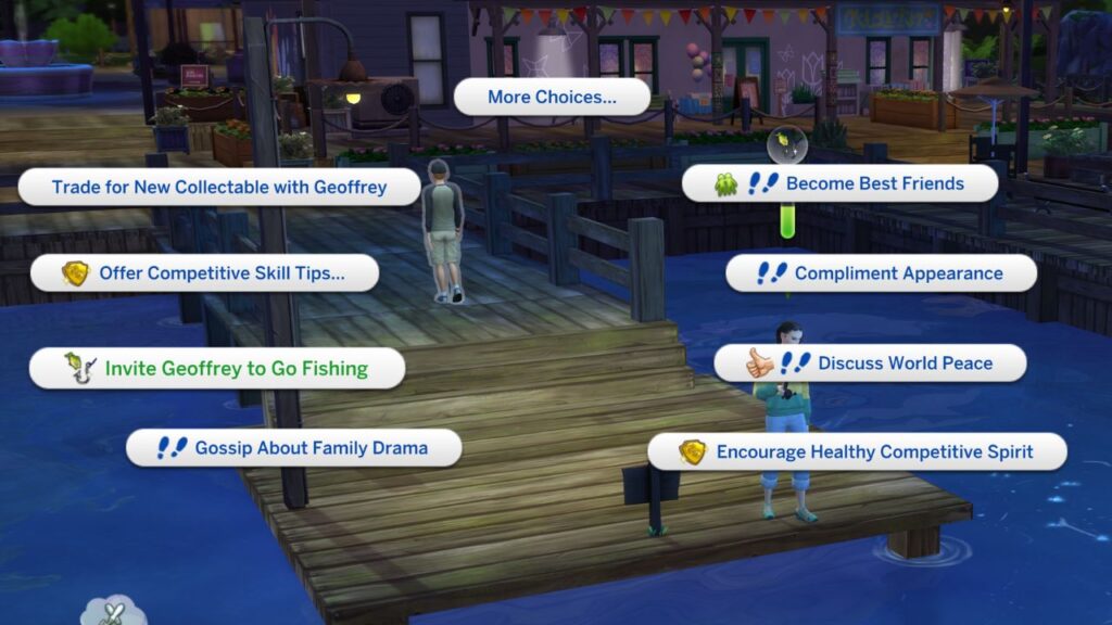 A screenshot from The Sims 4 showing the option to invite another sim to go fishing with you 