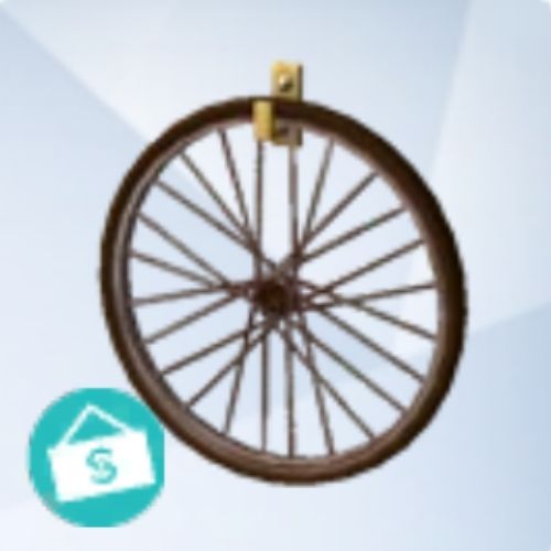A screenshot from The Sims 4 with a grey background and a bicycle wheel