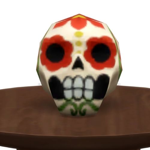 A screenshot from The Sims 4 showing a brown circle table with a white and red skull on top