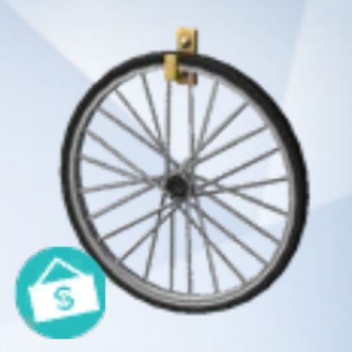 A screenshot from The Sims 4 with a grey background and a bicycle wheel