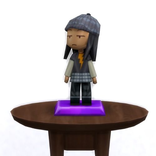 A screenshot from The Sims 4 with a small, circular brown table. On top is a MySims Trophy named Jenny
