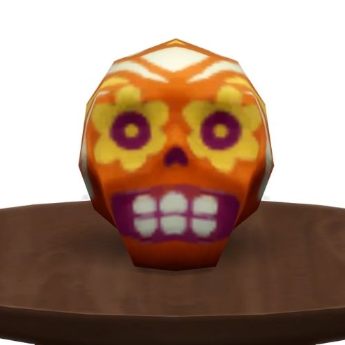 A screenshot from The Sims 4 showing a brown circle table with an orange and yellow skull on top with flower eyes