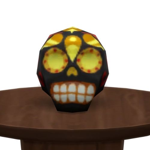 A screenshot from The Sims 4 showing a brown circle table with a black and yellow skull on top