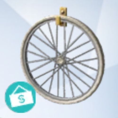 A screenshot from The Sims 4 with a grey background and a bicycle wheel