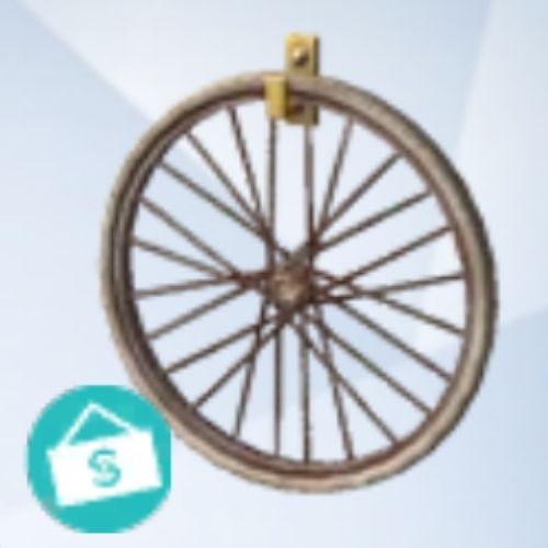 A screenshot from The Sims 4 with a grey background and a bicycle wheel