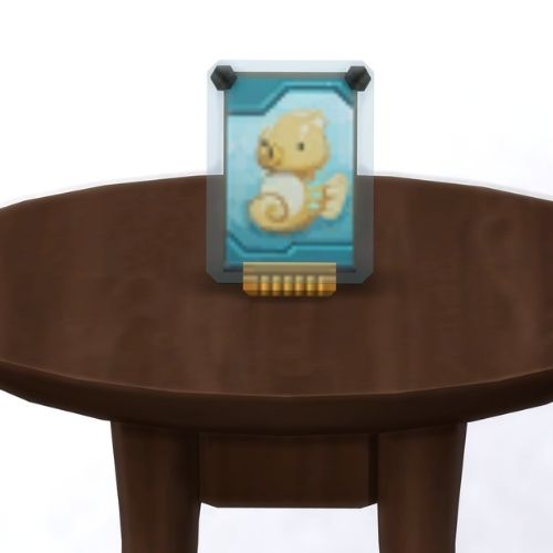 A screenshot from The Sims 4 showing a brown table with a Voidcritter on top. This has the voidcritter named kampos