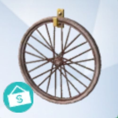 A screenshot from The Sims 4 with a grey background and a bicycle wheel