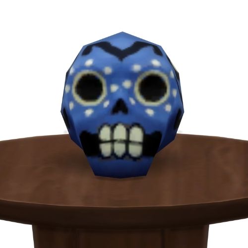 A screenshot from The Sims 4 showing a brown circle table with a blue and black skull on top