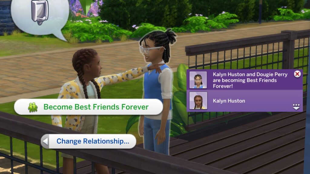 A screenshot from The Sims 4 showing a kid asking someone to become best friends forever 