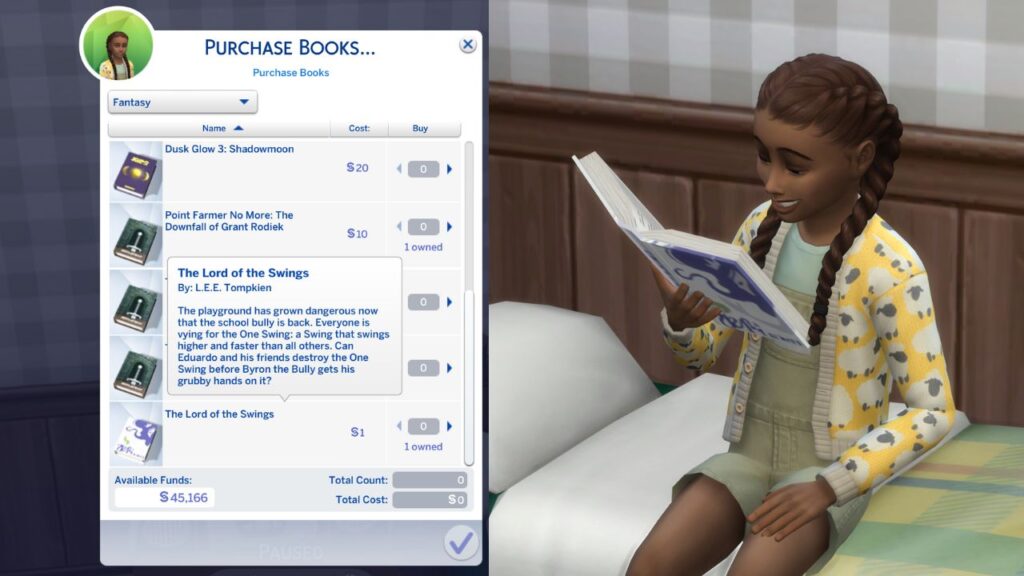 A screenshot from The Sims 4 showing the option to read a Fantasy book and a child reading on their bed 