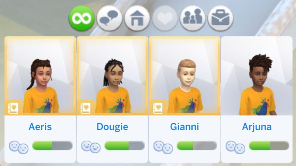 A screenshot from The Sims 4 showing a sim's friendship panel and them having four children as friends 