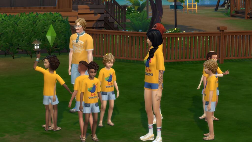 A screenshot from The Sims 4 showing a group of kids and three adults at a kids camp 