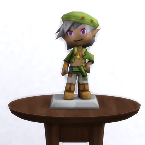 A screenshot from The Sims 4 with a small, circular brown table. On top is a MySims Trophy named Leaf