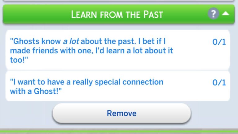 A screenshot from The Sims 4 showing the tasks for the learn from the past formative moment