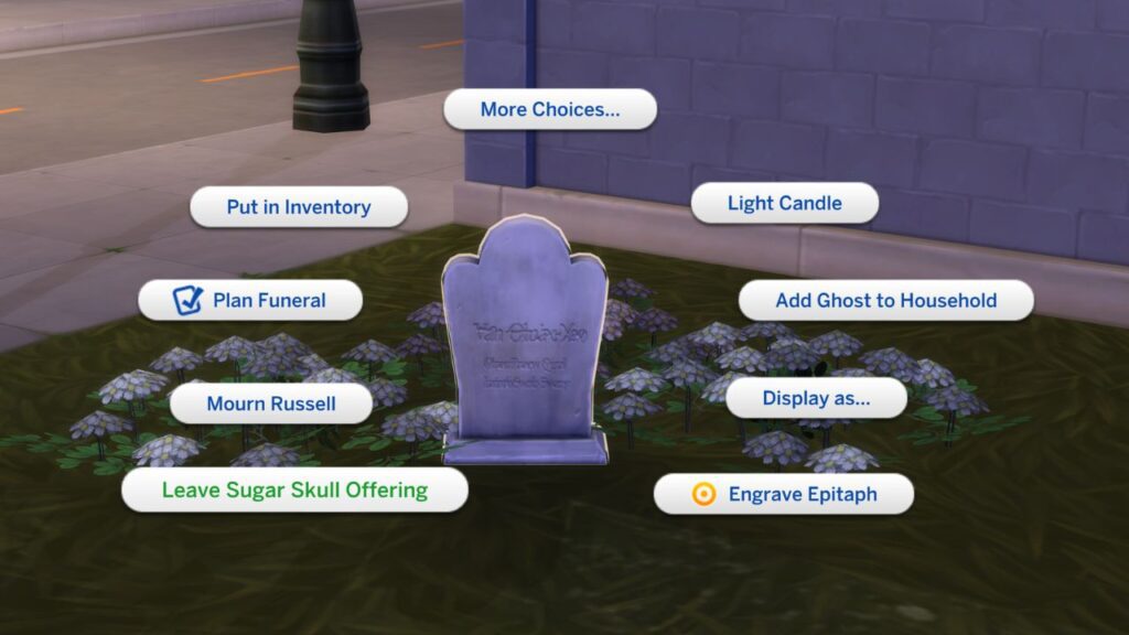 A screenshot from The Sims 4 showing the option to leave sugar skull offering on a grave