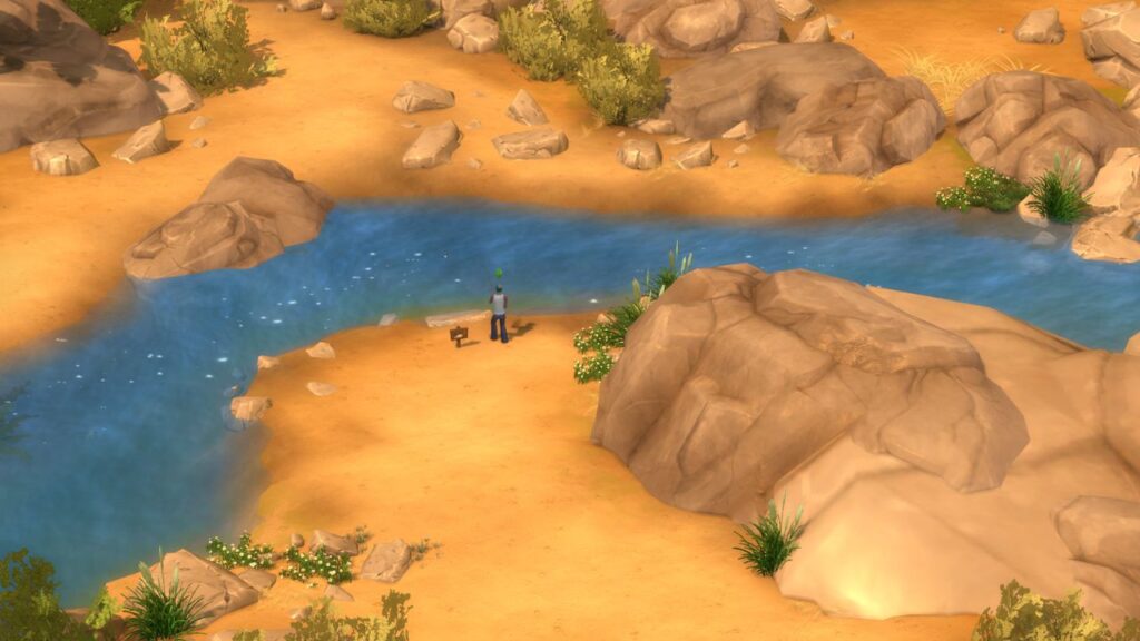 A screenshot from The Sims 4 showing the location of a fishing spot in Bedrock Strait down a hill from Nookstone