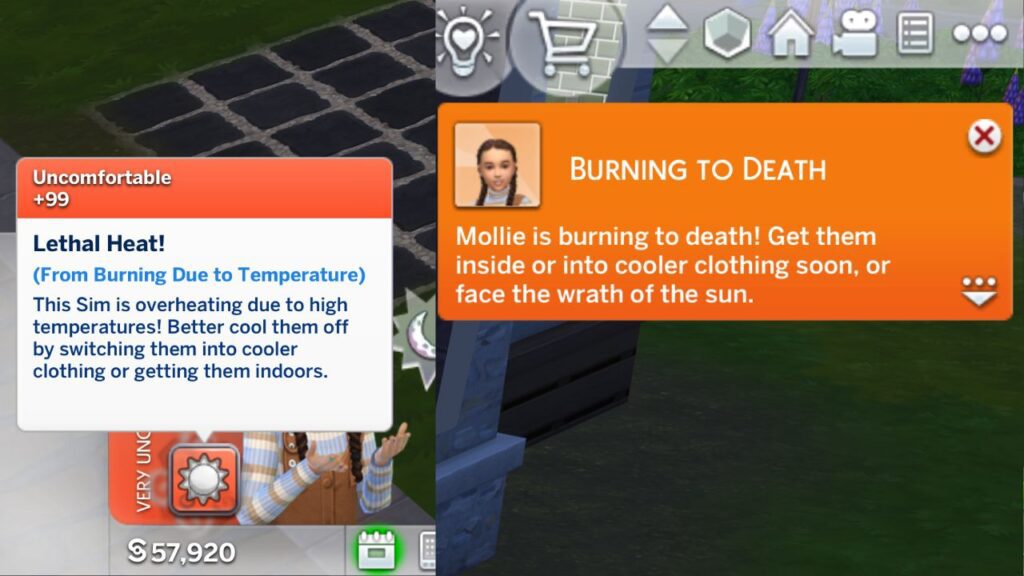 A screenshot from The Sims 4 showing the Lethal Heat moodlet and burning to death notification