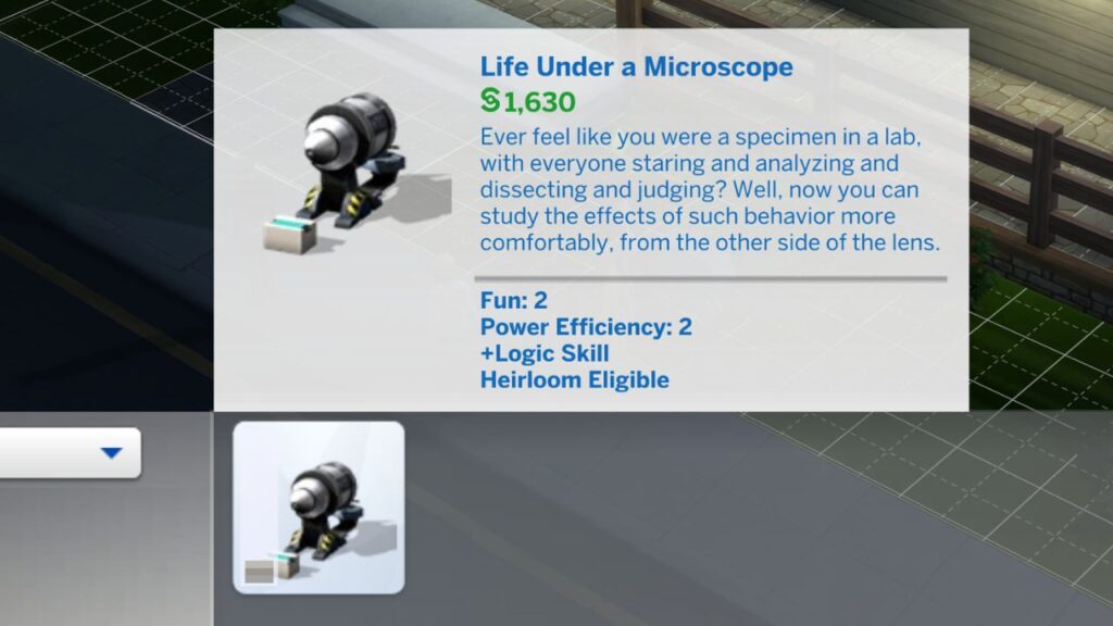 A screenshot from The Sims 4 showing the Life Under a Microscope item in build mode 