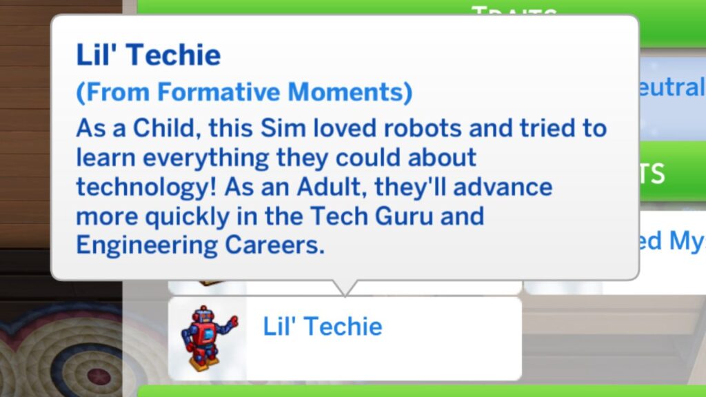 A screenshot from The Sims 4 showing the lil' techie reward trait from formative moments