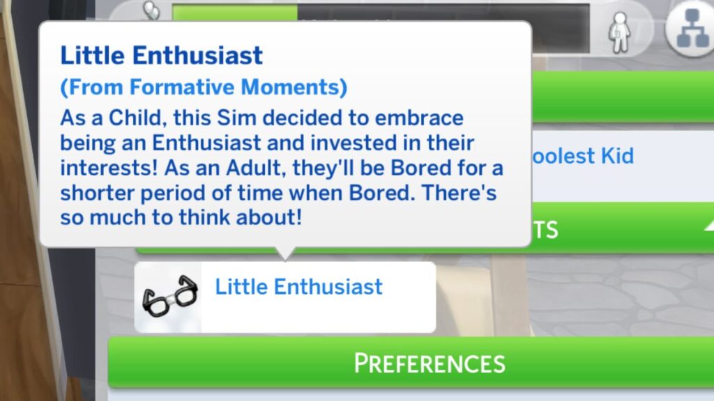 A screenshot from The Sims 4 showing the little enthusiast formative moment trait 