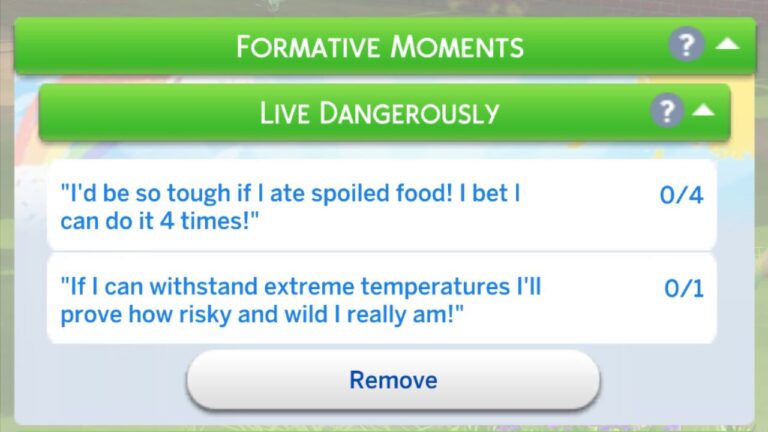 A screenshot from The Sims 4 showing the live dangerously formative moment tasks