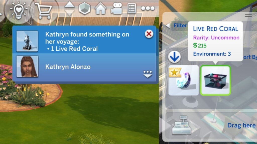 A screenshot from The Sims 4 showing a sim returning from space with a Live Red Coral alien in their inventory