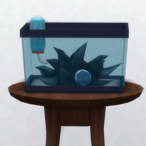 A screenshot from The Sims 4 showing a brown circle table with a terrarium on top and a live space porcupine inside