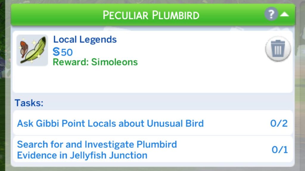 A screenshot from The Sims 4 showing the Local Legends Peculiar Plumbird quest