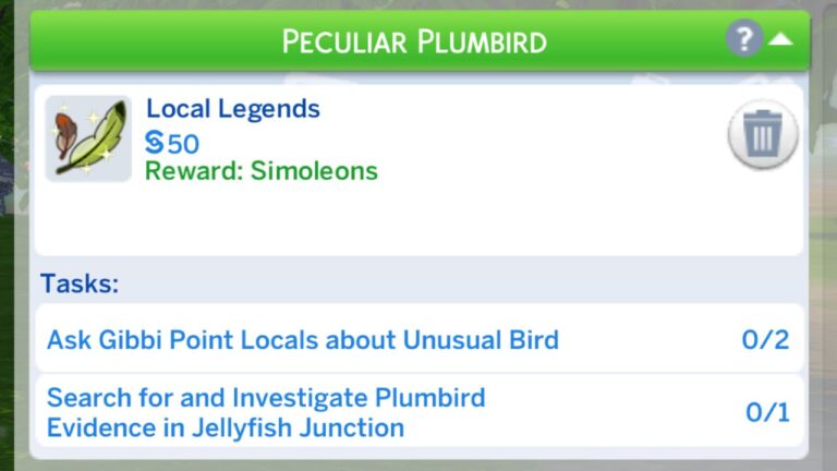 A screenshot from The Sims 4 showing the Local Legends Peculiar Plumbird quest