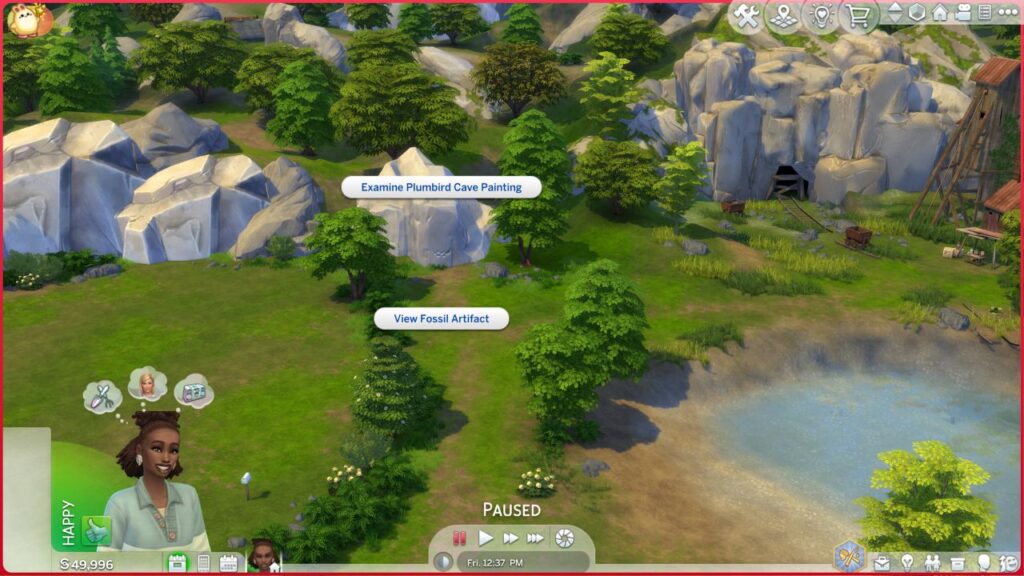 A screenshot from The Sims 4 showing the location of the cave painting with "examine Plumbird cave painting highlighted" 