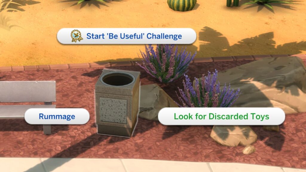 A screenshot from The Sims 4 showing the option to look for discarded toys