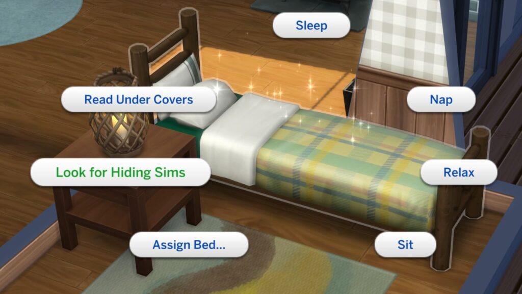 A screenshot from The Sims 4 showing a single bed with sparkles and the "look for hiding sims" option highlighted 