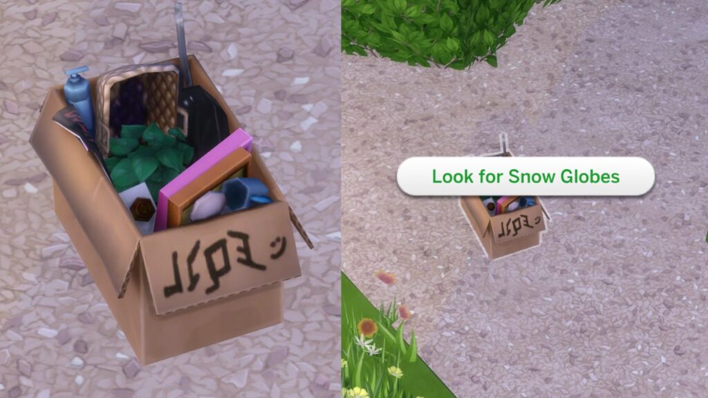 A screenshot from The Sims 4 showing the box where you find snow globes and the "look for snow globes" interaction