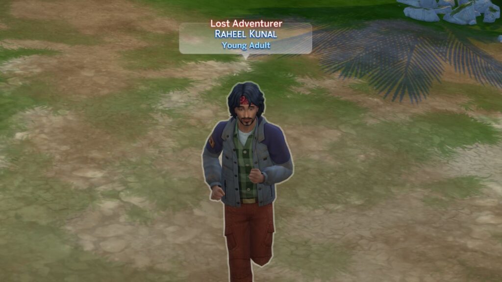 A screenshot from The Sims 4 showing the Lost Adventurer, Raheel Kunal, running 