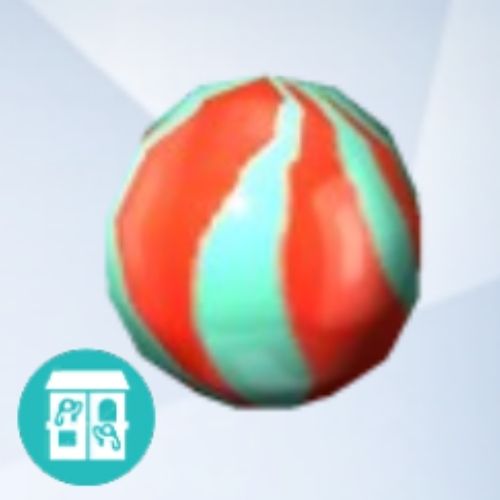A screenshot from The Sims 4 showing a grey background with an enlarged image of a marble with a red and teal design 