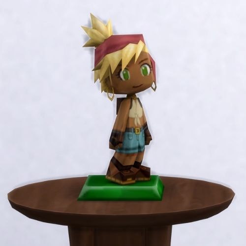 A screenshot from The Sims 4 with a small, circular brown table. On top is a MySims Trophy named Lyndsay
