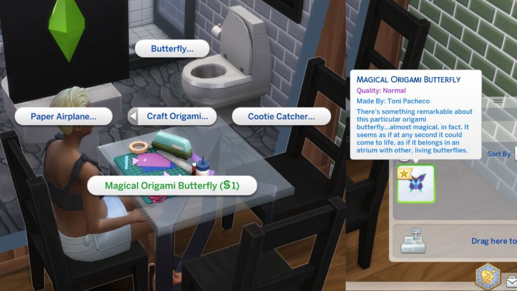 A screenshot from The Sims 4 showing how to craft a magical origami butterfly