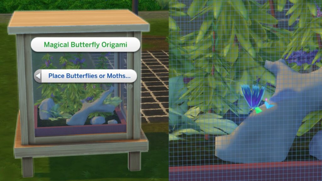 A screenshot from The Sims 4 showing the Magical Origami Butterfly in its habitat