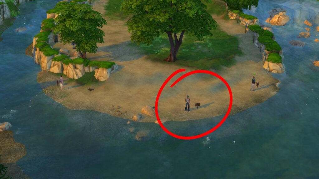 A screenshot from The Sims 4 showing a fishing spot on a peninsula with a sim circled