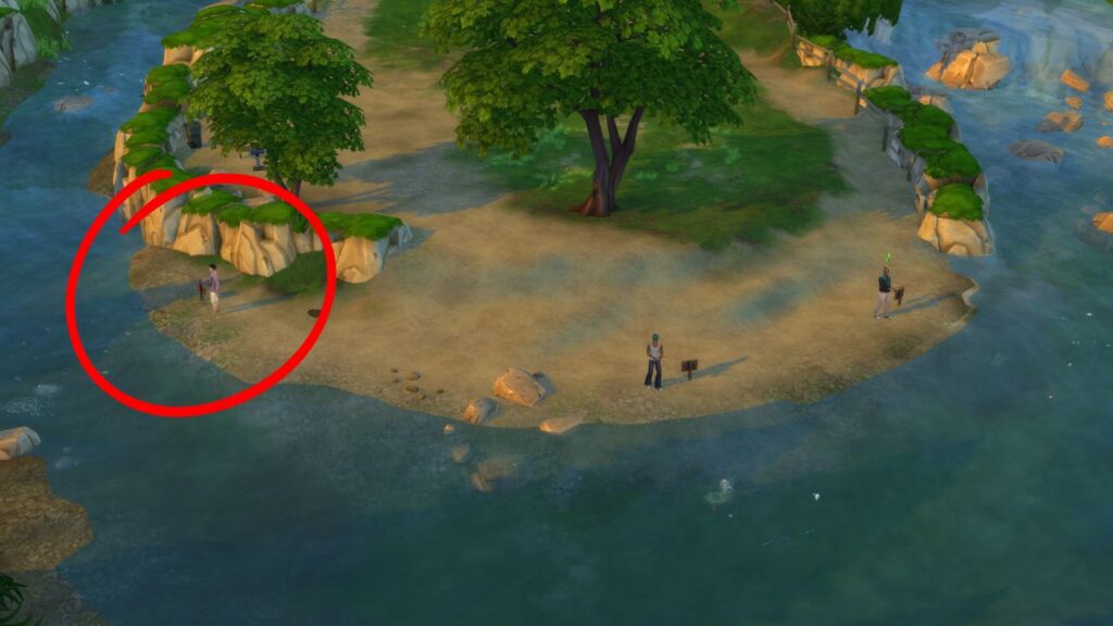 A screenshot from The Sims 4 showing a fishing spot on a peninsula with a sim circled