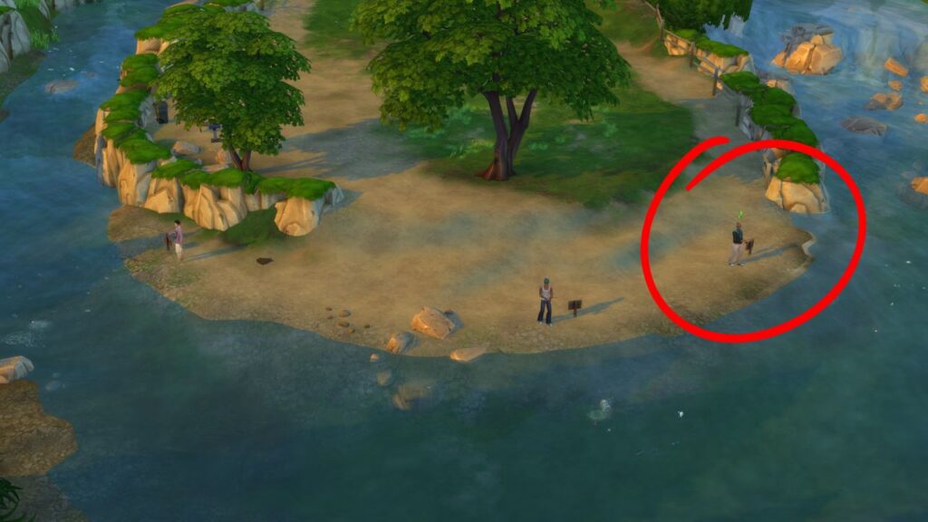 A screenshot from The Sims 4 showing a fishing spot on a peninsula with a sim circled